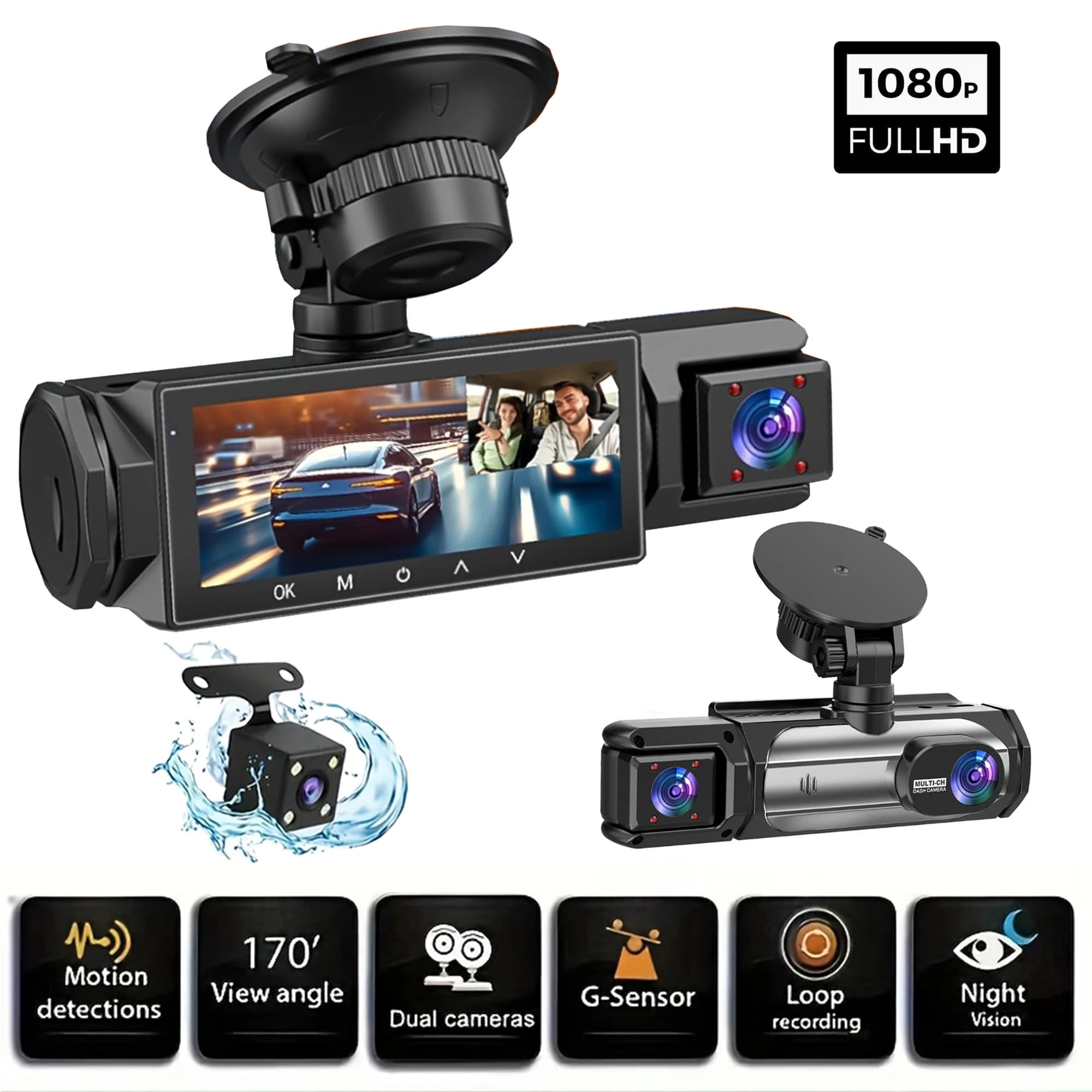 3 telecamere Dash Cam 1080P Telecamera per vista anteriore e posteriore Visione notturna Parcheggio Monitor DVR per auto Videoregistratore per auto a 3 vie con regalo