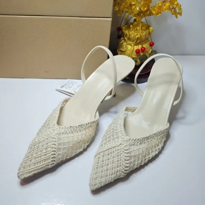 Tacchi alti Sandali moderni da donna estivi Maglia intrecciata Punta a punta Cinturino posteriore Scava fuori Scarpe eleganti da donna da ufficio per feste di nozze di marca