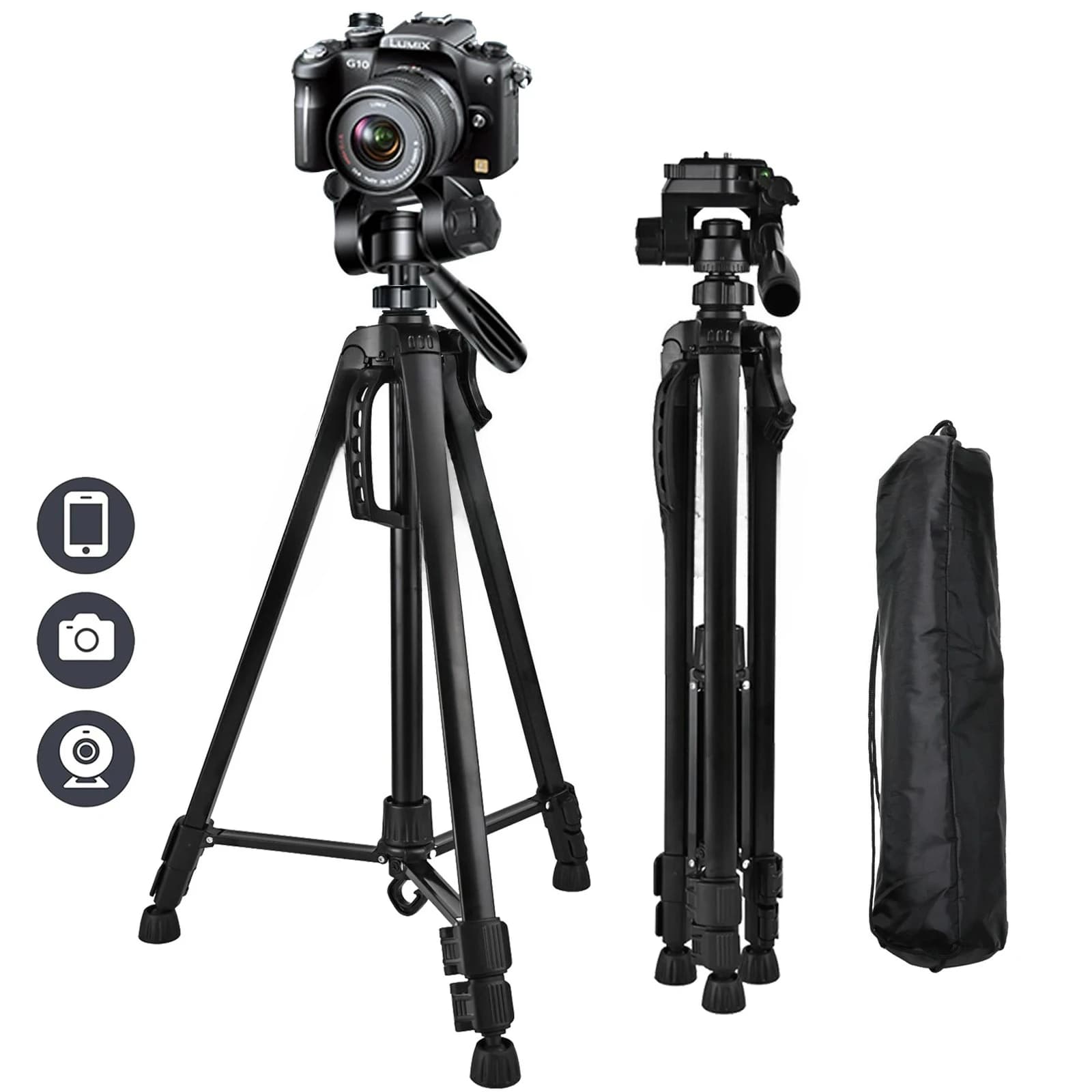 Treppiede da Viaggio per Smartphone in Alluminio, Alto 55” (140CM), con Piastre a Sgancio Rapido e Testa Panoramica per Fotocamere Digitali DSLR SLR Canon Nikon