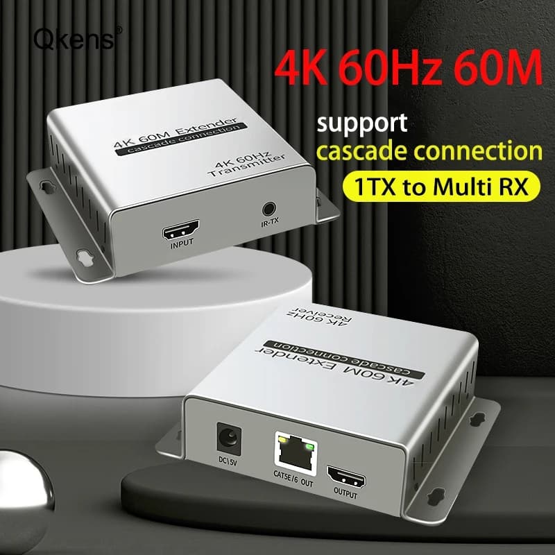 Trasmettitore e Ricevitore Video HDMI 4K60Hz, Extender via Cavo Ethernet RJ45 CAT5e/CAT6, Connessione a Cascata per Laptop e PC a TV