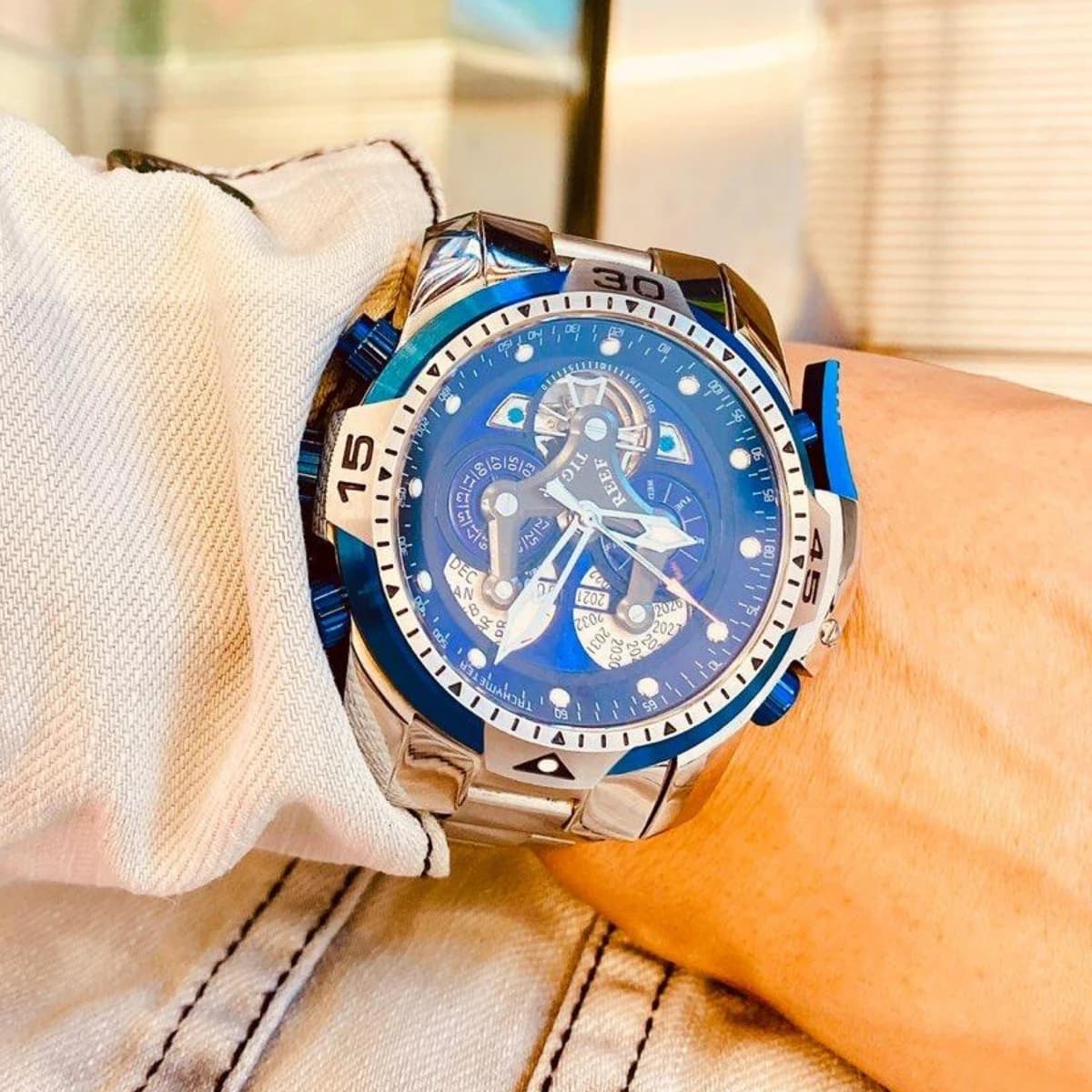 Reef Tiger/RT Designer Sport Mens Watch with Perpetual Calendar Date Day Complicated Blue Dial Mechanical Bracelet Watch RGA3503