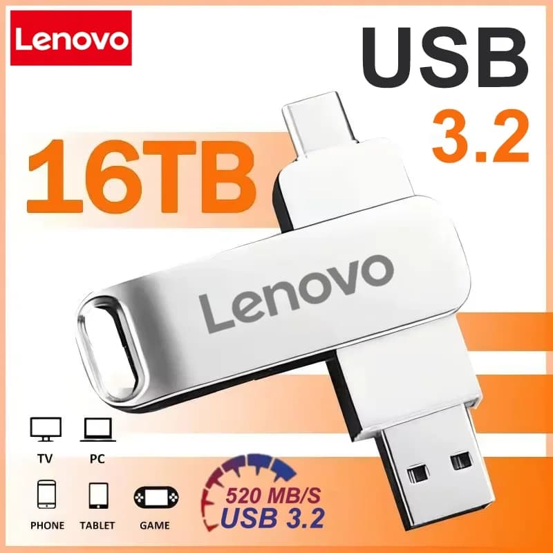 Lenovo USB3.2 USB Flash Drive 16TB OTG Pen Drive High Speed Type-C Flash Disk Real Capacity Metal Pendrive For Phone Computer