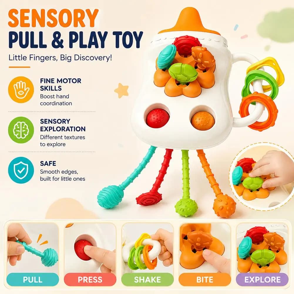 Silicone Pull String Activity Toy Baby Teething Rattle Sensory Montessori Learning Toy Educational Gift
