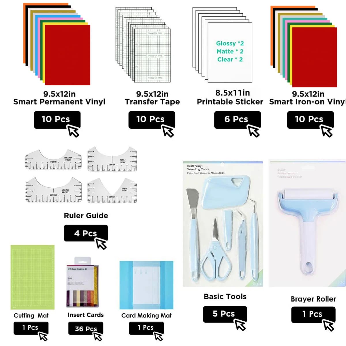 Pacchetto di accessori Joy Xtra Ultimate da 84 pezzi, kit iniziale artigianale con vinile HTV, vinile adesivo, strumenti per diserbo, tappetino da taglio per Cricut