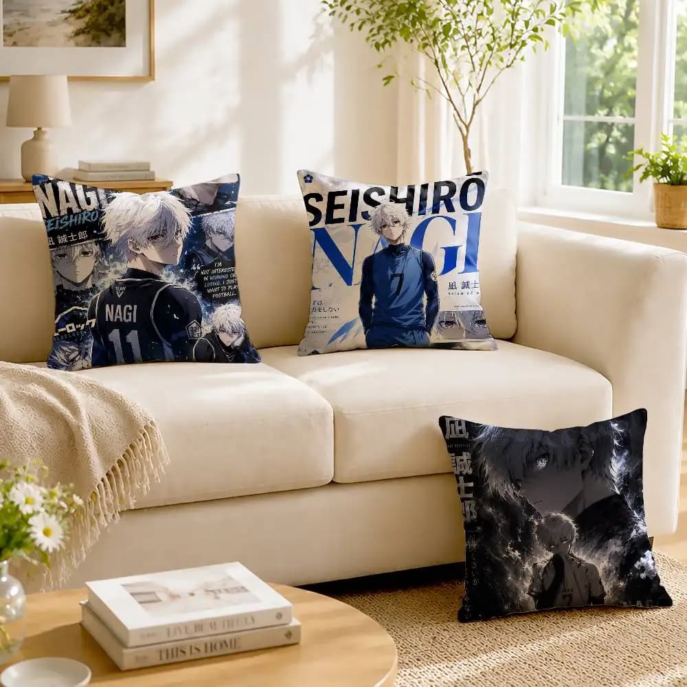 Blue L-Lock Anime N-Nagi Customizable Square Pillow case Double Sided Print Sofa Bedroom Decor Cushion Cover