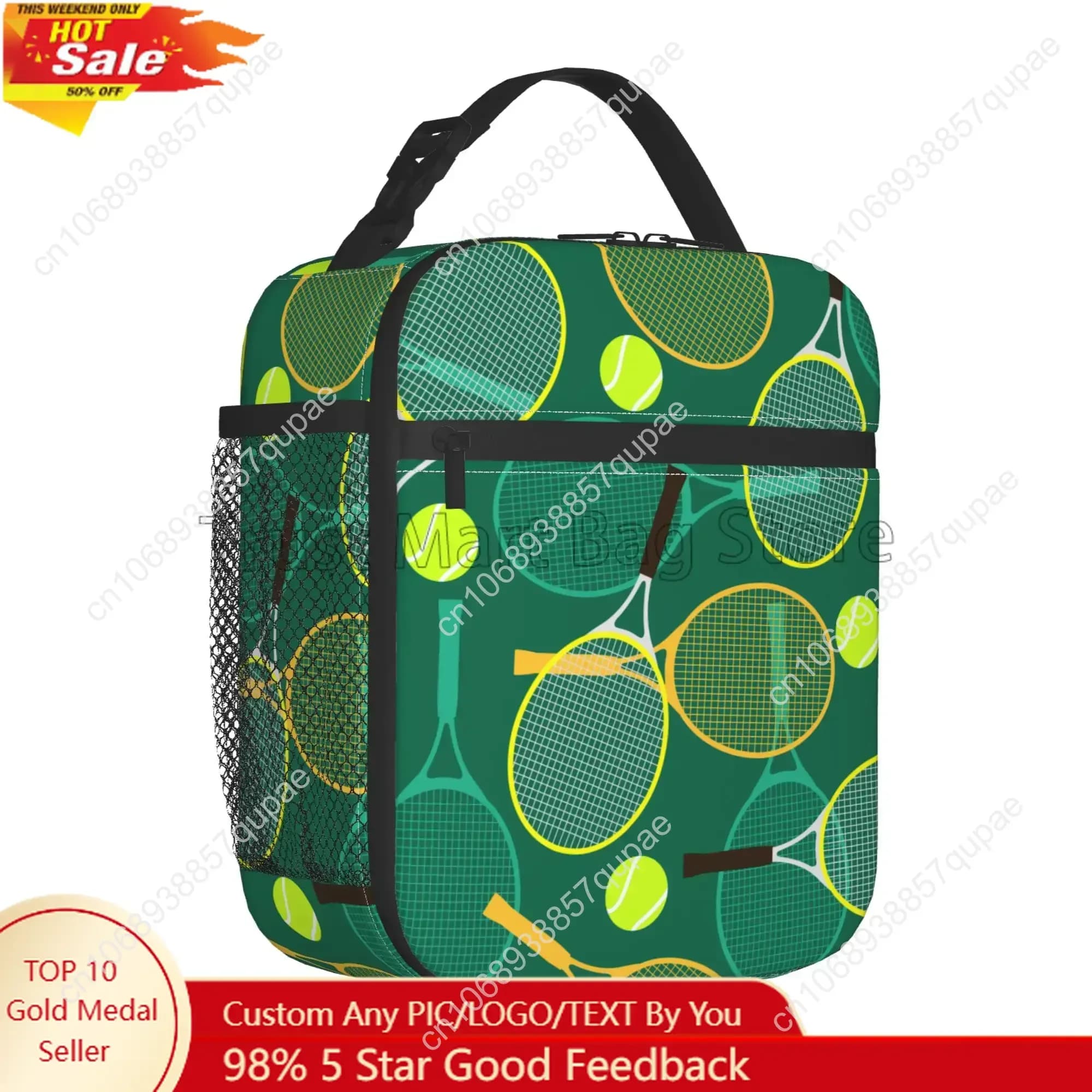 Insulated lunch bag with racket print and tennis balls Thermal bag for waterproof portable reusable lunch for sports