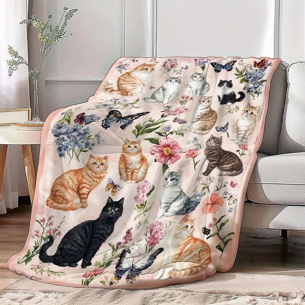 Cute Cat Floral Printed Blanket , Warm and comfortable throw blanket sofa bed sofa camping trip, the best gift.