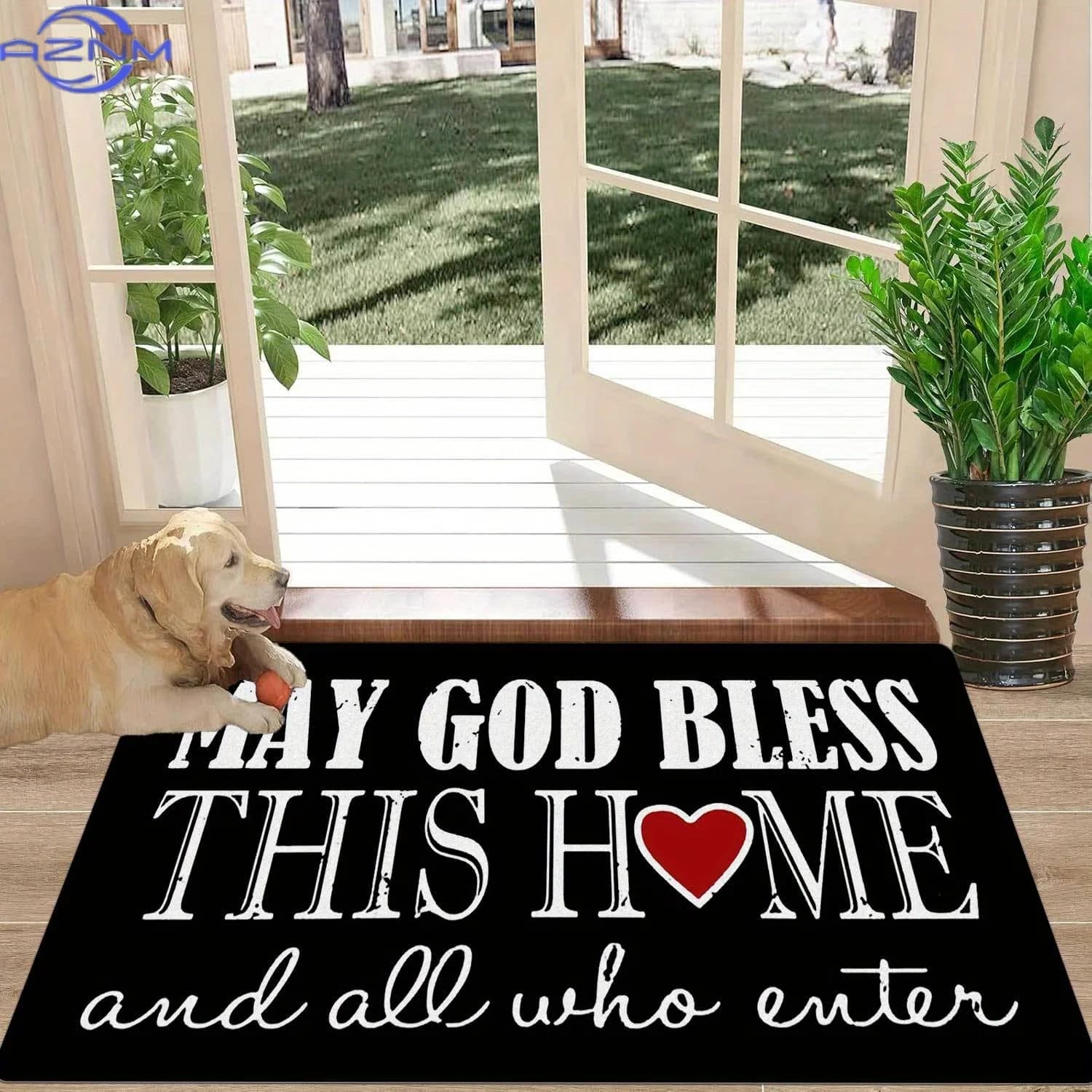 1 inspiring welcome mat, printed with the word "May God Bless This Home", durable non-slip mat, washing machine washable, absorbent