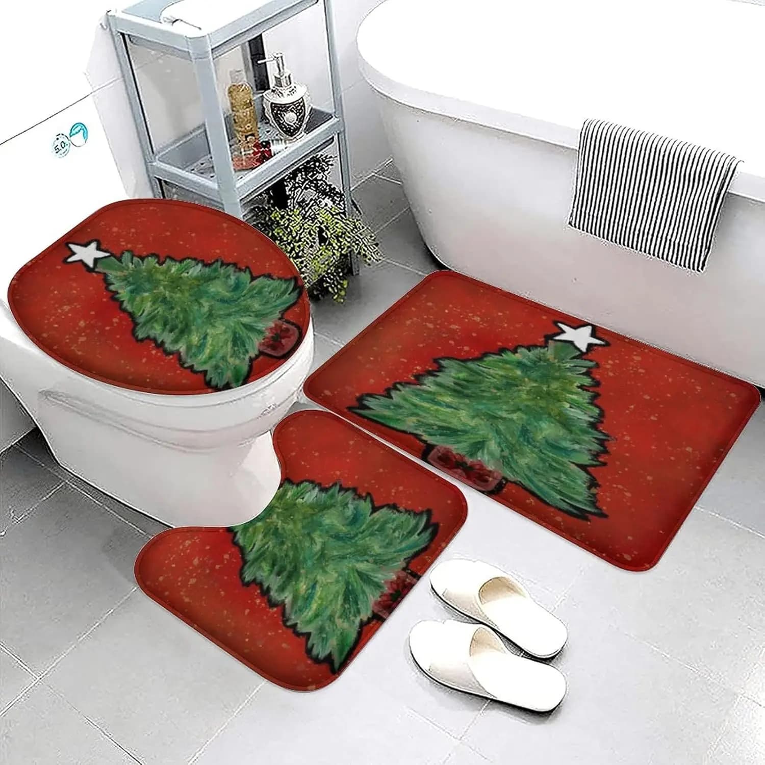 3 pezzi Set di tappeti da bagno per albero di Natale Alberi di Natale rossi e verdi Merry Bright Star Decorazioni invernali Tappetino da bagno Morbido antiscivolo Assorbente d'acqua