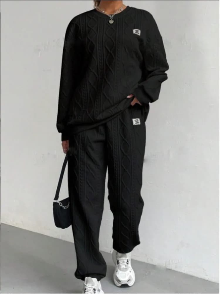 Autumn And Winter Women's Jacquard Long-sleeved Casual Round Neck Sweatshirt And Trousers Suit ONeck-round Keep Warm Solid Color