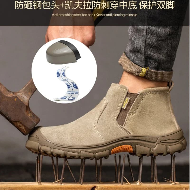 Plus Size 37-46 Uomo Sicurezza Lavoro Scarpe da trekking all'aperto Stivali Chelsea in pelle scamosciata di mucca Sottopiede morbido in Kevlar Puntale in acciaio anti-sfondamento 917