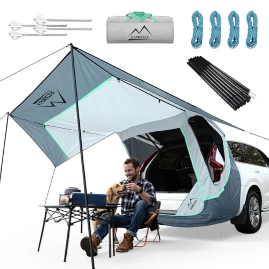 Tenda da Portellone per SUV con Pali e Tenda Parasole a Tre Lati e Zanzariera Trasparente per Campeggio e Protezione Solare per Auto Hatchback
