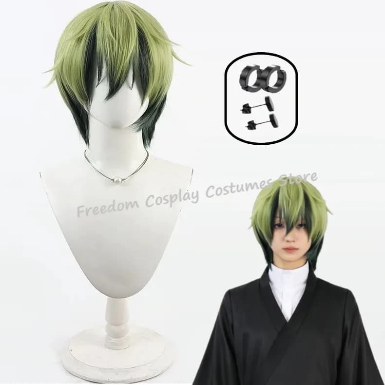 Parrucca Cosplay Anime Naoya Zenin, Capelli Corti Verdi e Neri, Orecchini, Accessorio per Feste di Halloween, Fibra Sintetica Resistente al Calore + Cuffia per Parrucca