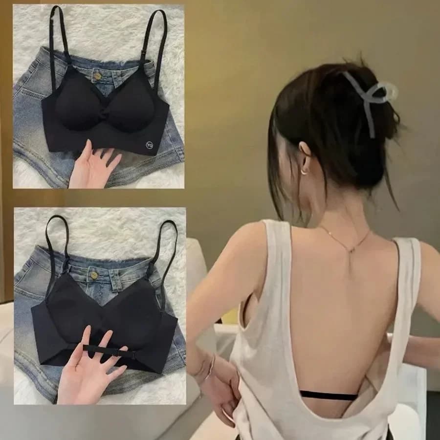 Reggiseno invisibile da donna Reggiseni con scollo a U profondo Top senza schienale per abiti Lingerie sexy con cinturino trasparente Intimo push up senza spalline