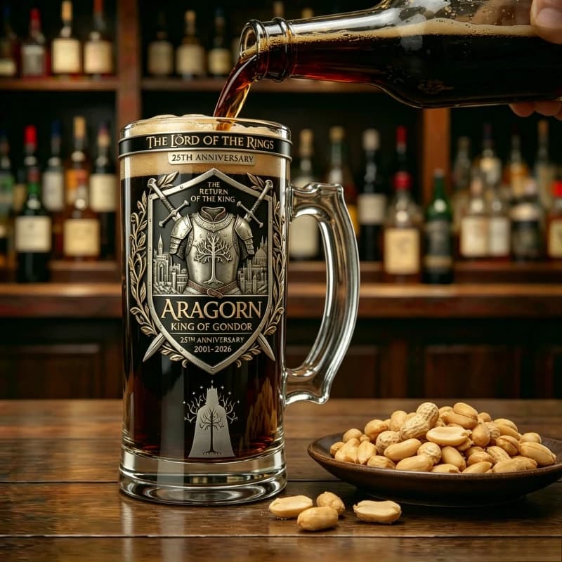 Boccale da Birra in Vetro Commemorativo 25° Anniversario a Tema Armatura Cavaliere Medievale - Oggetto da Collezione per Appassionati di Film Fantasy e Barware