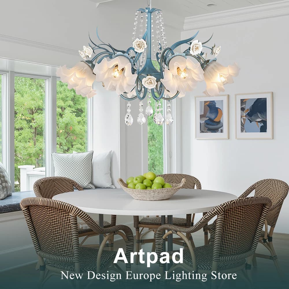 Lampadario a fiori di lusso nordico per tavolo da cucina soggiorno camera da letto lampada a sospensione in ferro blu con rose in ceramica di cristallo K9