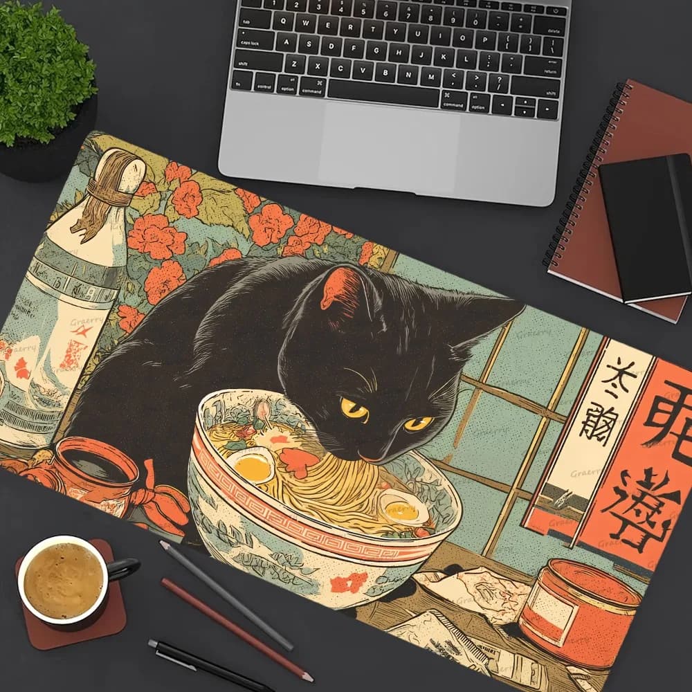 Tappetino per mouse da gioco di grandi dimensioni Black Cats Ramen Shop 90s Tokyo Pop Art con bordi cuciti, tappetino da scrivania antiscivolo per ufficio e casa