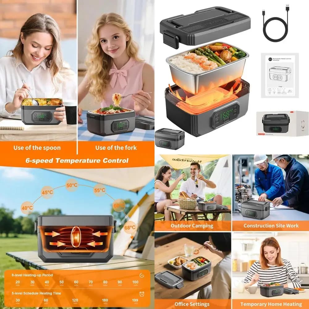 Portapranzo elettrico ricaricabile in acciaio inossidabile da 1,6 litri con timer, batteria da 24.000 mAh, ideale per adulti in movimento