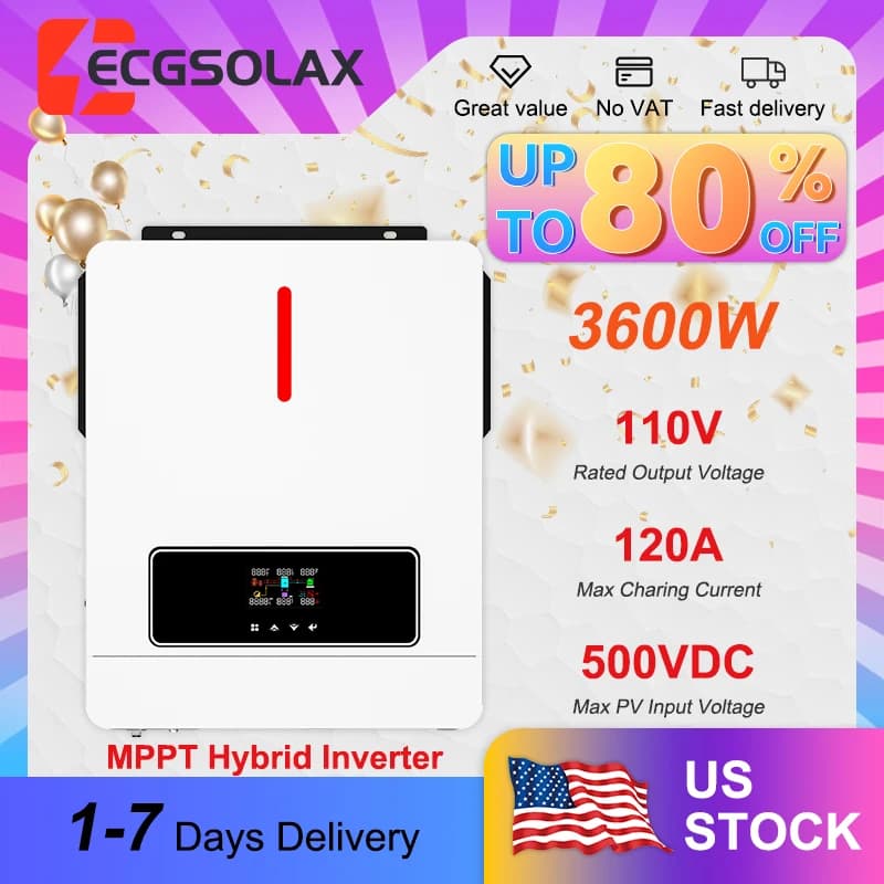 Inverter Solare Ibrido ECGSOLAX 110V 3.6KW 24V a Onda Pura con Regolatore di Carica Solare MPPT 120A, Inverter Off-grid con WiFi