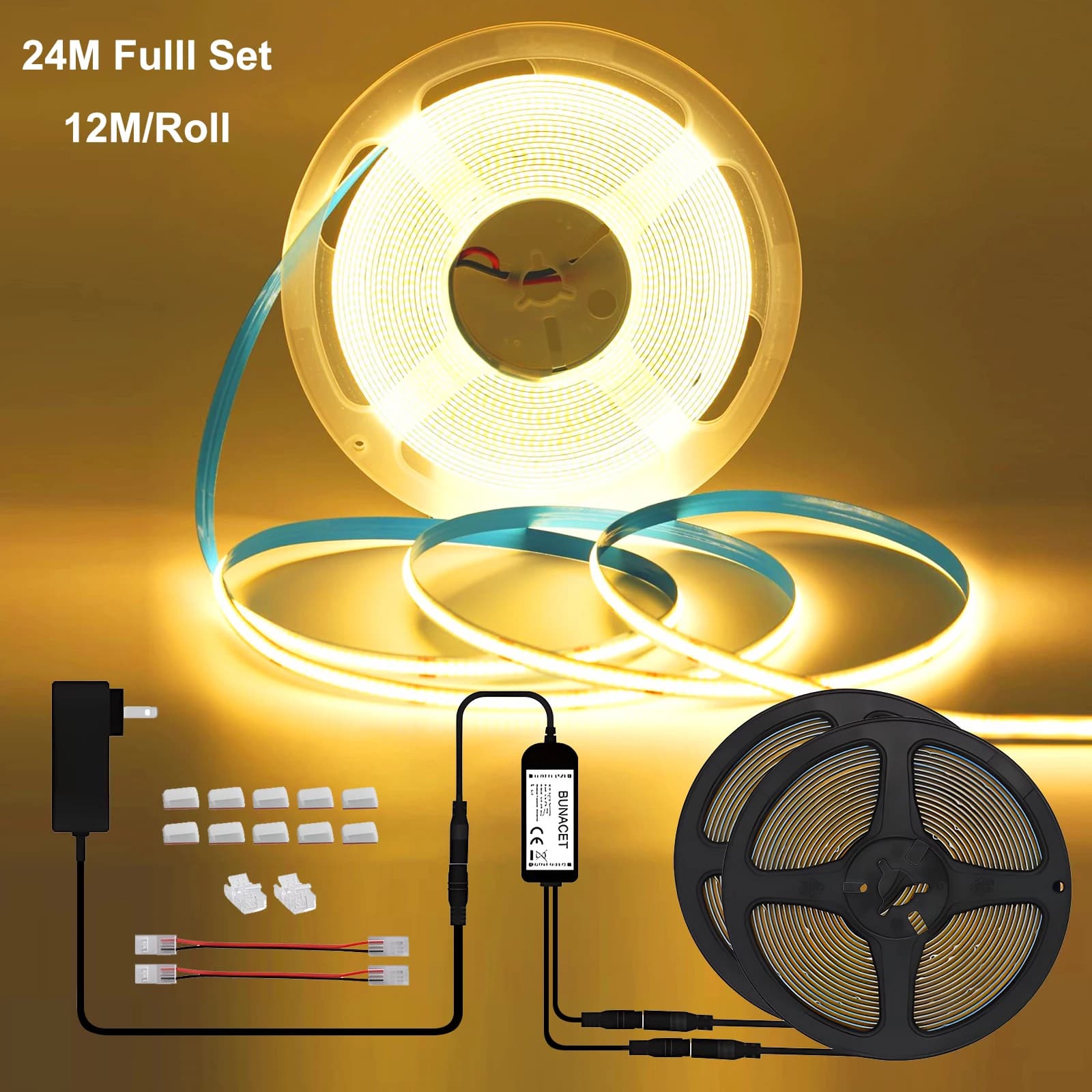 80FT/24m COB LED Strip Light 24V 12M/Roll Warm White Dimmable 3000K High Lumen CRI 90+ With RF Remote LED Lights for Kitchen