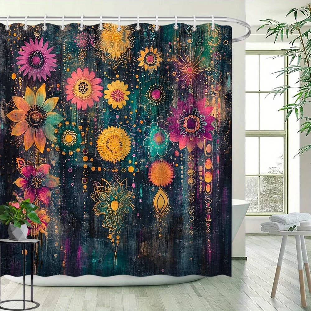 Tenda da doccia floreale da 1 pezzo con divertente motivo naturale in stile medievale, arredamento per il bagno, tessuto in poliestere, include 12 ganci