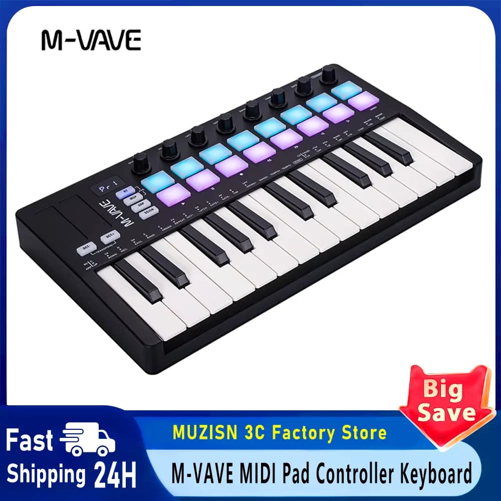 M-VAVE MIDI Pad Controller Keyboard USB Mini 25 Key 16 RGB Drum Pads 8 Knobs and Music Production Software Included