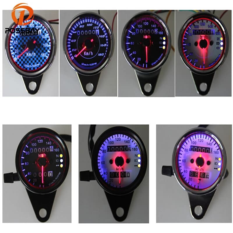 POSSBAY 7 Stili Universale Del Motociclo Contachilometri Contagiri Tachimetro Tacho Gauge per Cruiser Cafe Racer Moto Termometro