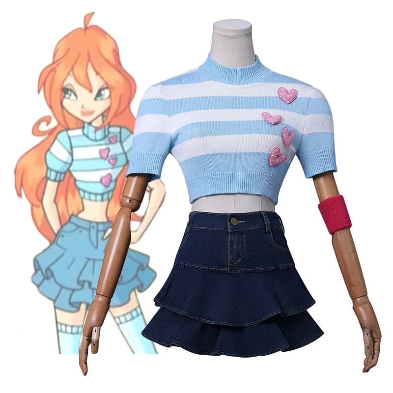 Anime Bloom Stella Costume Cosplay Top corto a righe blu Maglione Minigonna Donna Gioco di ruolo Vestito Vestito da festa di carnevale di Halloween