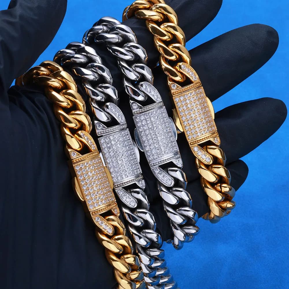 Bracciale a maglie cubane con zirconi cubici da 12 mm per uomo in acciaio inossidabile con chiusura a scatola piena di zirconi 5A Collana cubana Gioielli Hip Hop