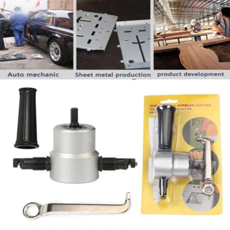 Taglierina per lamiera di metallo Doppia testa Ferro Nibbler Taglio Utensili elettrici Accessori per fissaggio per trapano elettrico Forbici per punzonatura per piastre per auto
