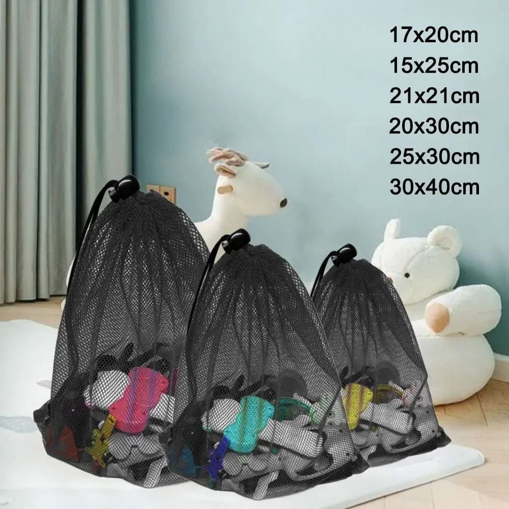 Sacchetto portaoggetti multiuso resistente con coulisse, in nylon nero, borsa per biancheria, sacchetto in rete traspirante