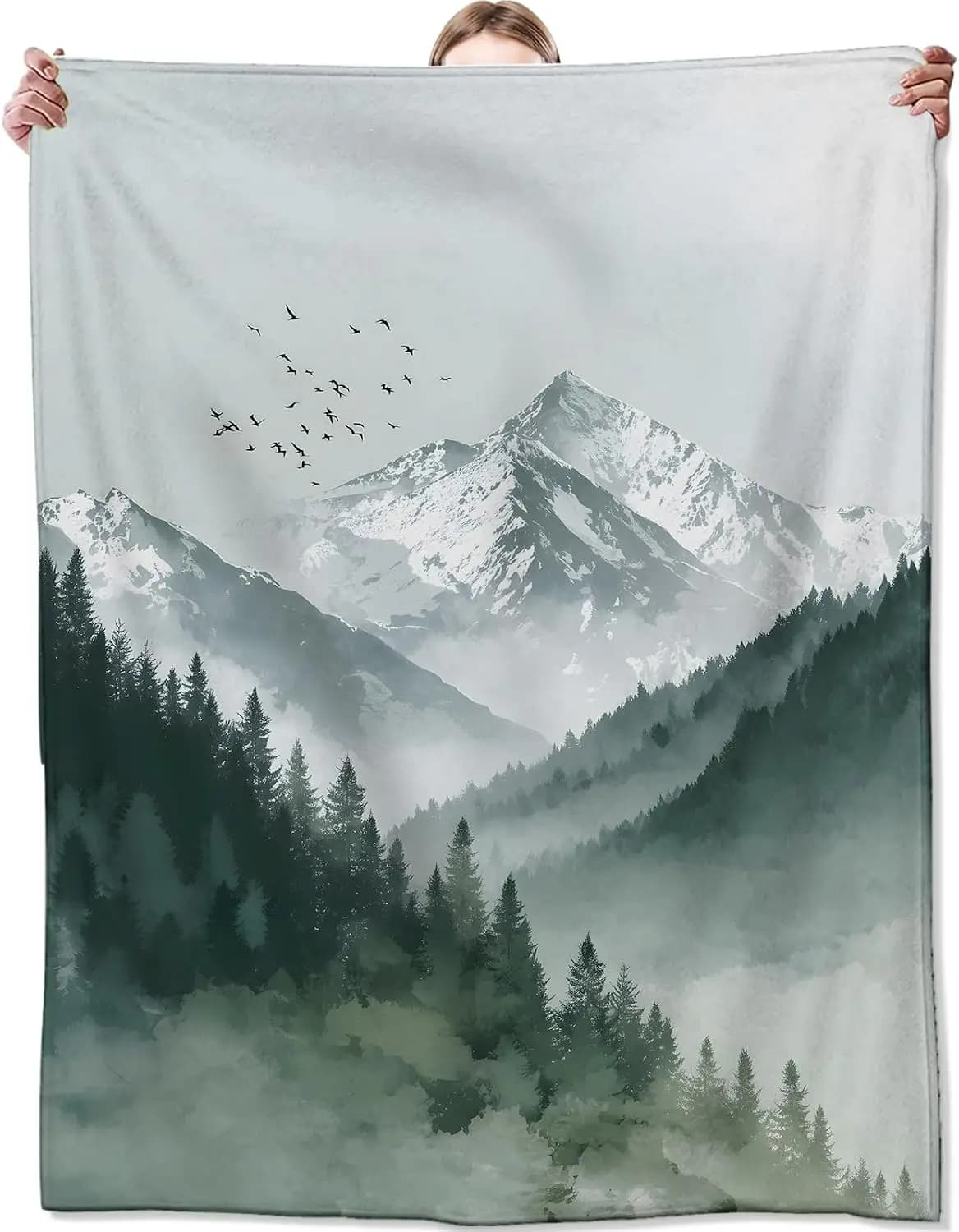 Ink Wash Foggy Snow Peak Conifer Forest Bird Group Light Background Flannel Throw Blanket, Warm Cozy Blanket, Minimal Decor Gift