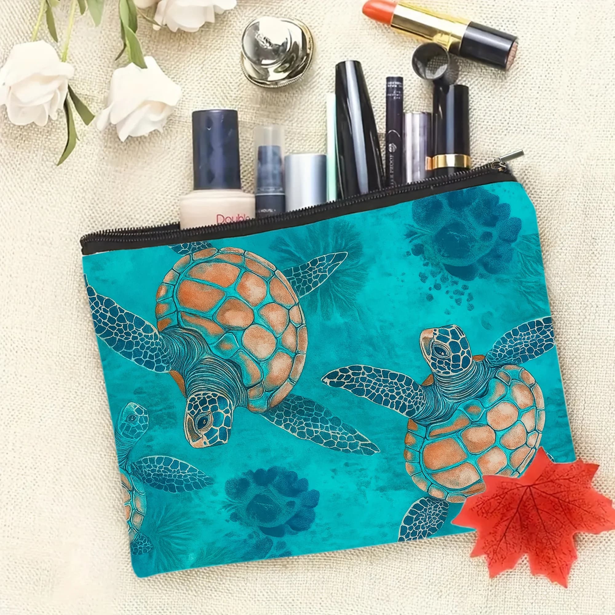 Borsa per cosmetici con motivo tartaruga: graziosa borsa multifunzionale con cerniera, borsa per riporre gioielli
