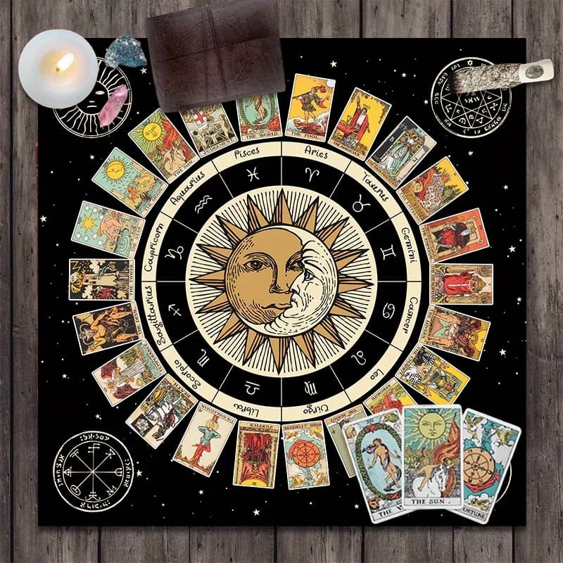 Tovaglia per carte dei tarocchi, stoffa per altare, ruota della tabella dell'astrologia dello zodiaco Sole Luna, cuscinetti per carte Oracle da stregoneria, arazzo