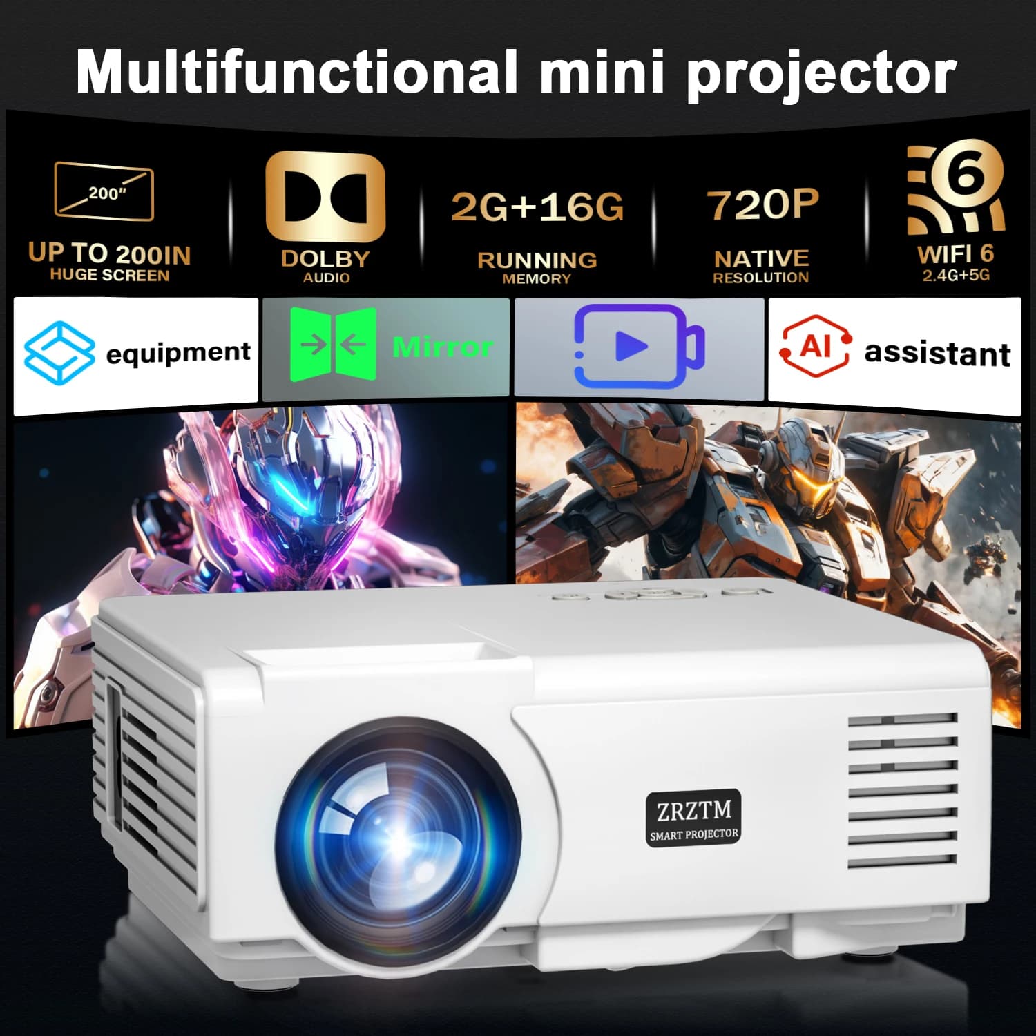 Proiettore, Proiettore portatile wireless 4K 1080P, HDMI e USB, Home Theater per Netflix/Gaming/karaoke, Interni ed esterni