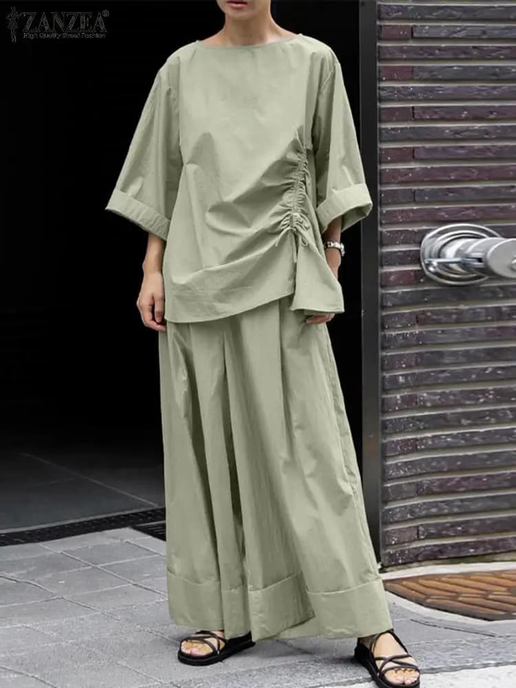 ZANZEA Donna Streetwear Set da 2 pezzi Pantaloni a gamba larga solidi Autunno 2024 Camicetta con orlo increspato 2 pezzi Abiti Set di pantaloni casual larghi
