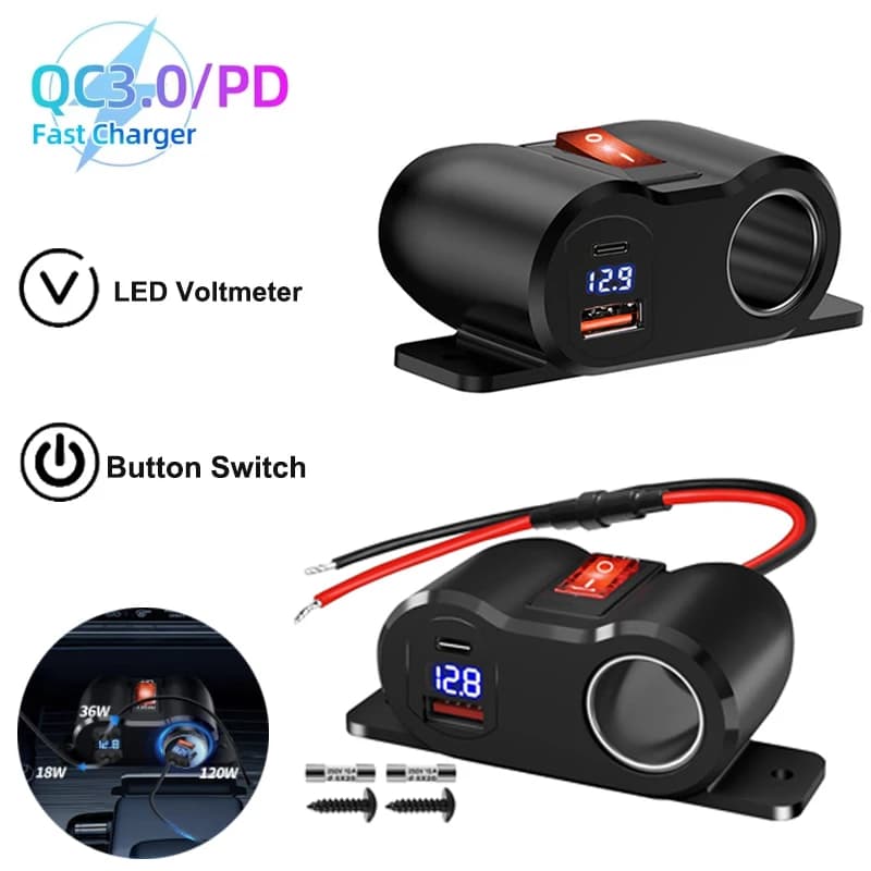 Splitter per presa accendisigari con doppia presa USB da 120 W con voltmetro LED, adattatore di alimentazione per caricabatteria da auto 12 V per barca marina camper