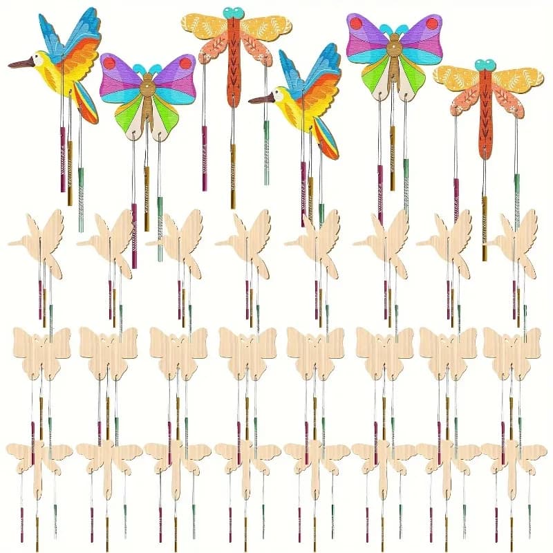 15 Sets Wooden Butterfly, Dragonfly & Hummingbird Wind Chime Kits, DIY Painting Hanging Ornaments for Home Decoration