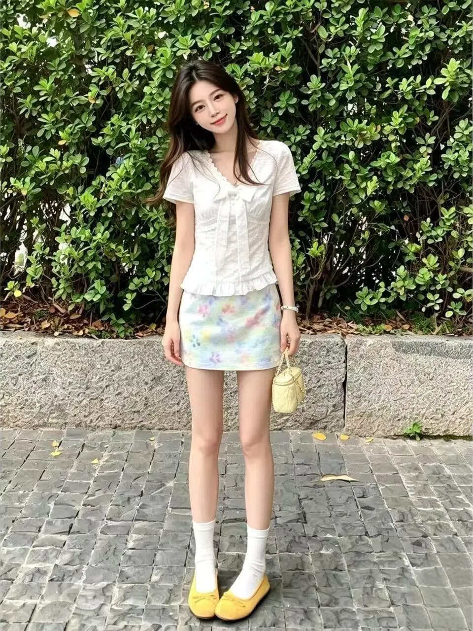 White V-Neck Lace Knot Short Sleeve Shirt Women's Sweet Youthful Slimming Short Doll Top Original Design Fitted But...