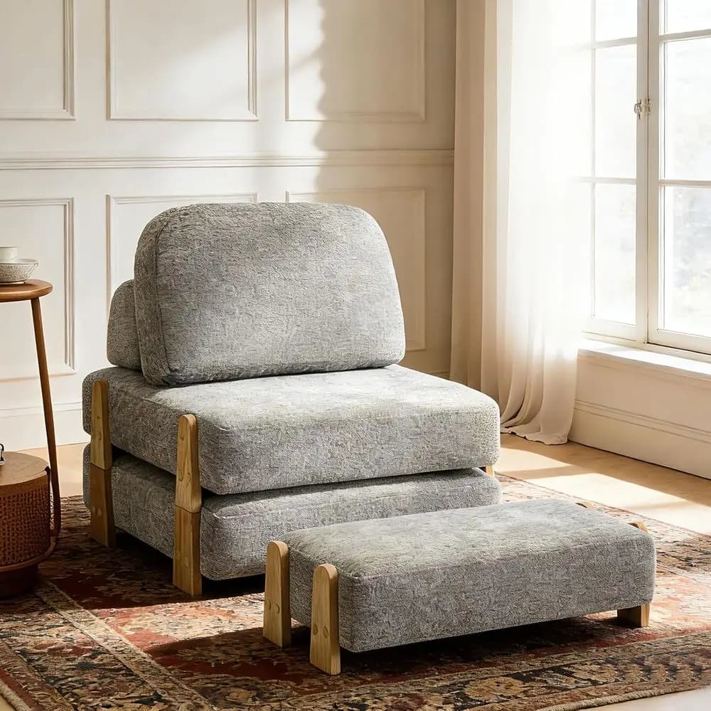 Poltrona Letto Convertibile 2-in-1 con Poggiapiedi, Divano in Ciniglia Grigia con Memory Foam per Soggiorno e Lettura