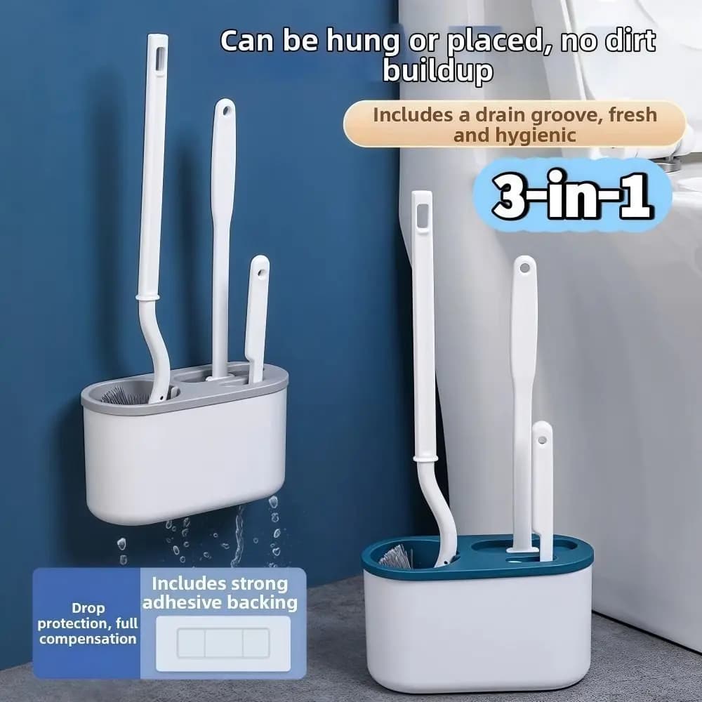 Set di scopini per WC 3 in 1 da 3 pezzi a parete con scatola portaoggetti Set di spazzole per spazi angolari Manico lungo 360 ° Pulizia