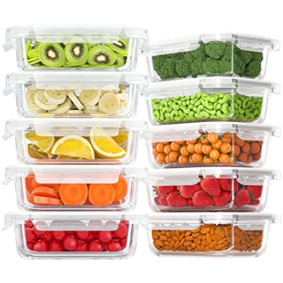 Set di 10 Contenitori in Vetro per Alimenti con Coperchi Ermetici, Scatole Bento per Pranzo Senza BPA e a Prova di Perdite