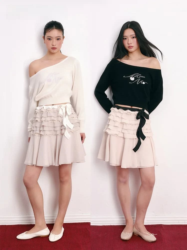Gonna a mezza lunghezza Moonmoi Island Breeze in chiffon con pizzo pesante decorato e orlo in garza, in fibra di poliestere con occhielli, da donna