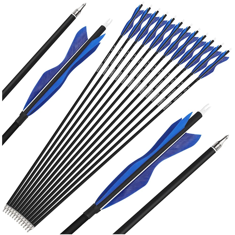 6/12 Frecce in Carbonio per Tiro con l'Arco - Lunghezza 28" 30" 31" con Piume Naturali, Frecce SP500 per Caccia e Tiro al Bersaglio