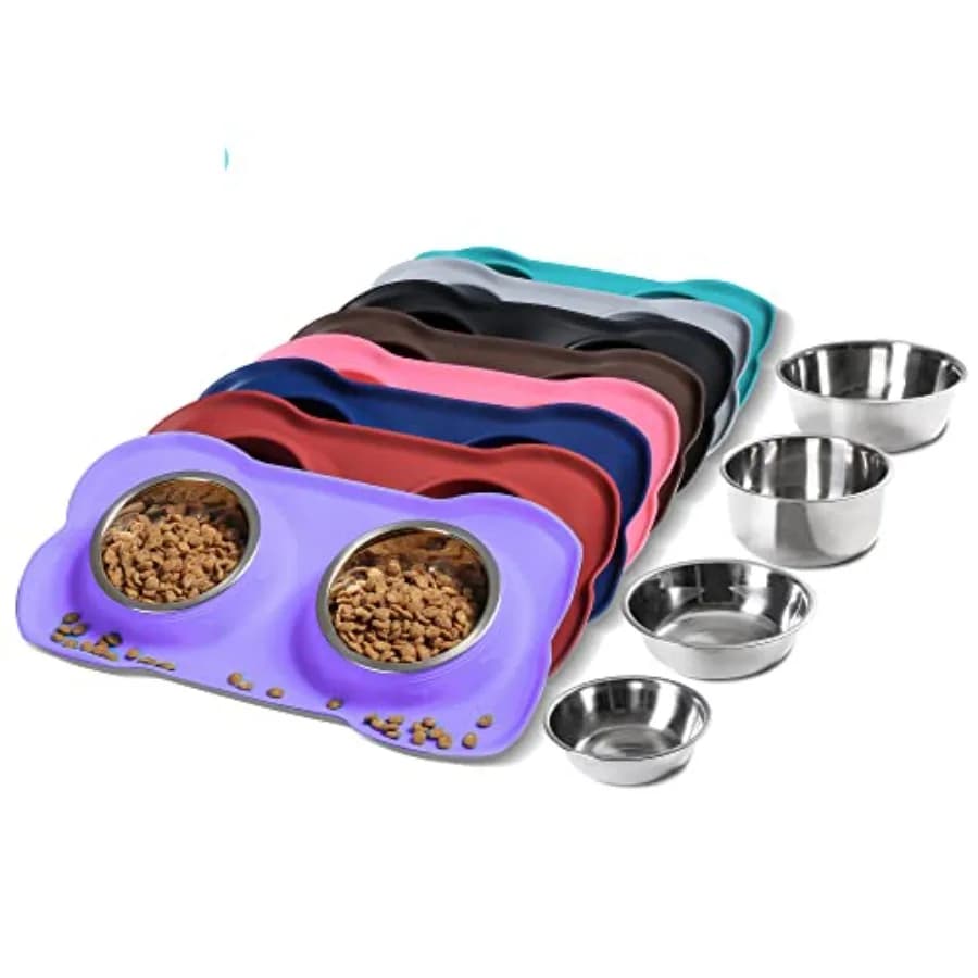 Pet Dog Bowls 2 Stainless Steel Dog Bowl with No Spill Non-Skid Silicone Mat + Pet Food Scoop Water and Food Feeder Bowls for F