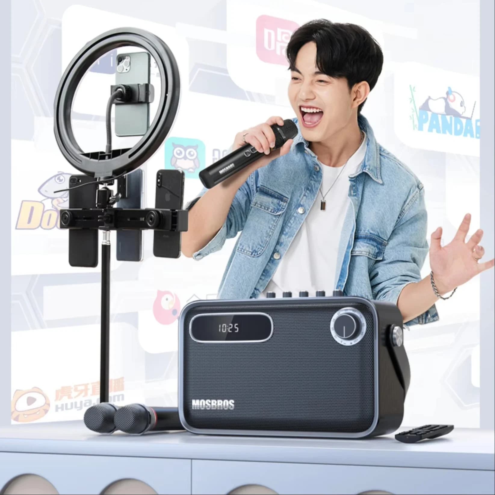 Karabass 12K Karaoke Machine 120W Altoparlante wireless portatile Altoparlante LED RGB Mini schermo con 2 microfoni wireless UHF