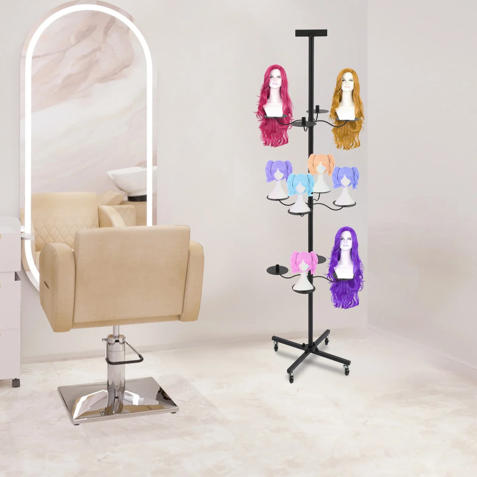 Portable Rotating Wig Display Rack With Top Advertising Clip, Stylish Modern Design For Wig And Mannequin Head Storage