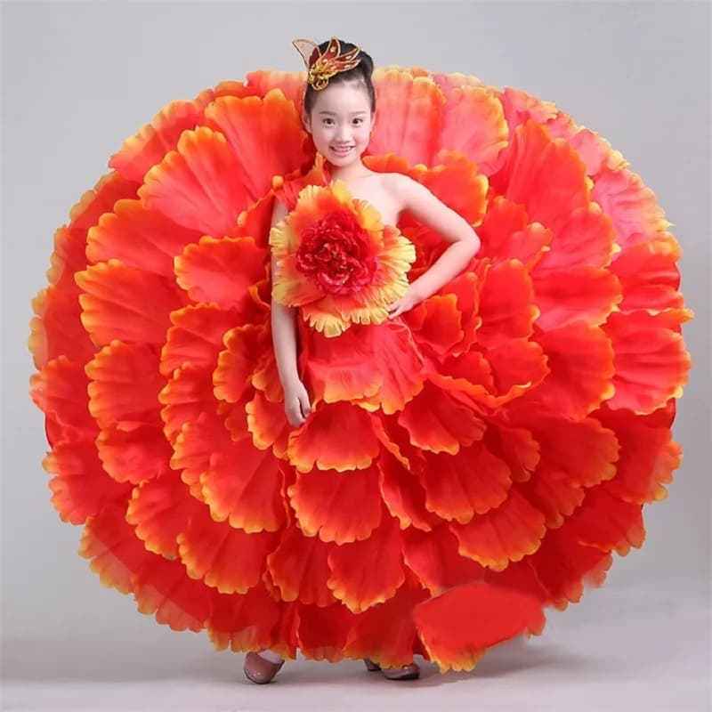 Vestito da ballo di flamenco per ragazza da 360/540/720 gradi Vestito da petalo di fiore per bambini Costume da spettacolo teatrale con gonna altalena zingara spagnola