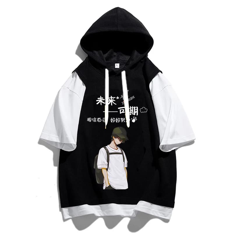 New Summer Men's Loose Casual Cotton T-irt ort Sve Hoodie Print Top Breathable Faionable Youth Trendy round Ne