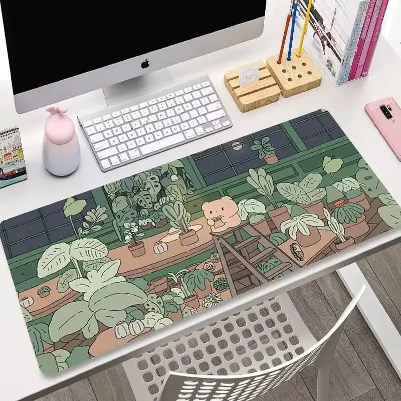 ：VIKAMA XXXL Soft Pastel Green Bear Gaming Desk Pad Greenhouse Plant Botanical Non Slip Base Stitched Edge Extended Mouse Pad